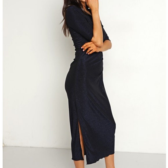 PISTOLA Vita Polo Dress Navy Shimmer Midi Short Sleeve Side Gather, Slits Sz S - Picture 4 of 15